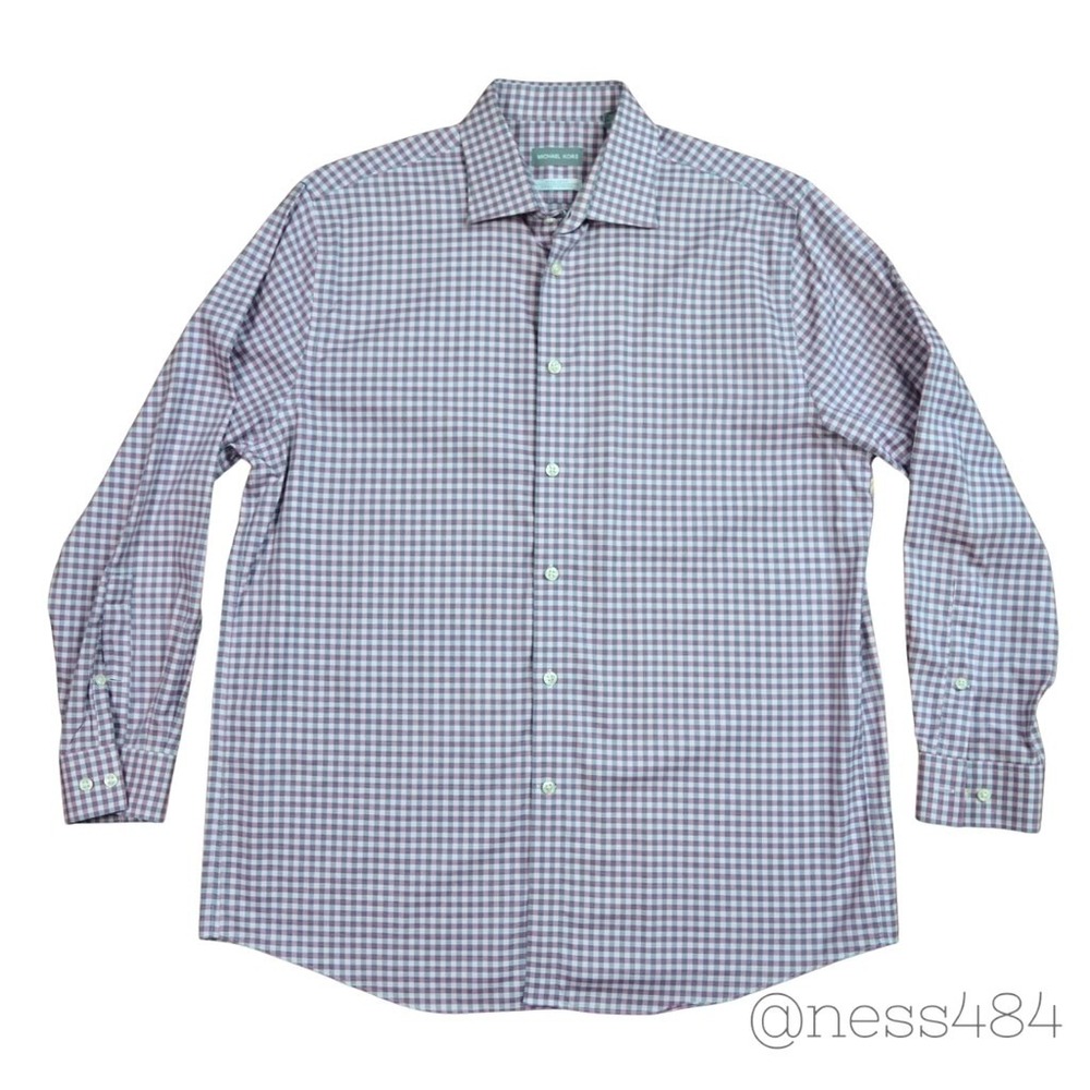 Michael Kors Mens Regular Fit Gingham Dress Shirt Airsoft Stretch Non Iron Large